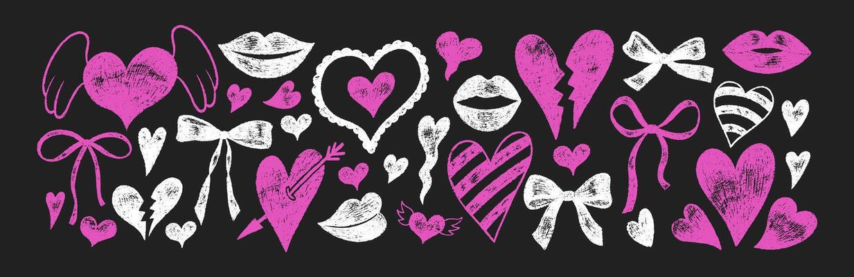 Collection of doodle hand drawn hearts, bows and lips with crayon, pastel, chalk or pencil texture. Grunge elements in sketch style. Pink and white illustration on a blackboard.