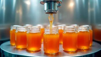 Automated food production line dispensing golden honey into clear glass jars, emphasizing efficiency and precision photo