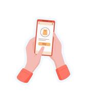 Sticker of hand holding phone. Illustration of a user holding a smartphone. Context payment app, digital concept, suitable for online commerce. vector