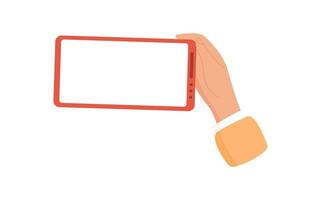 Smartphone in hand with blank template screen. User holds mobile phone presenting an empty interface. The device invites creativity and application use, digital interaction, social media engagement, vector