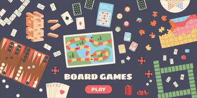 Flat boardgame banner with colorful games. Classic board pieces with puzzle, map, card, dice, and jenga. Fun play concept bingo and other table games. Perfect for gaming, family, entertainment vector