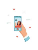 Hand holds a smartphone displaying chat interface. User engages in real communication using mobile technology. Person interacts with the touchscreen, showcasing social connection, flat design vector