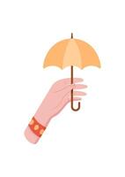 Hand holding an umbrella. Human hand grasping a safety item. Cartoon symbol of protection, sticker format, potential usage for safety campaigns or designs. vector