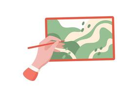 A hand holds a tablet to draw. A person uses the tablet to create simple art. The digital device showcases a character and concept, perfect for technology applications and graphic projects. vector