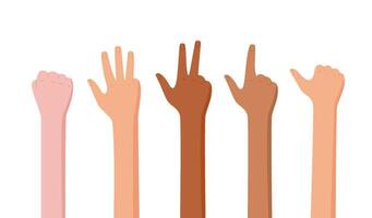 Flat cartoon hand count gestures in a set. Different fingers count numbers, creating diverse bare arm poses. People silhouette character element with math and educational focus. Ideal for school or vector