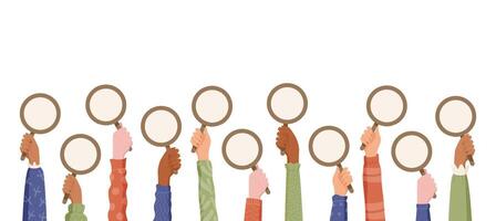 Cartoon hands hold empty signs. Diverse customer arms raise blank posters, reflecting review feedback and survey opinion. Creative gesture template for comment or message, modern poster style for vector