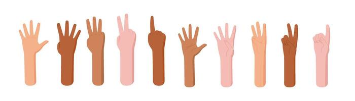 Cartoon kid hand count gesture set in flat style. Finger counting by child hands for education. Different number gestures. Educational concept, flat design, ideal for school math worksheets. vector