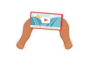 User hold smartphone for play. Character using mobile application on screen. Engaging media interaction, digital sticker style, ideal for online communication and social media. vector