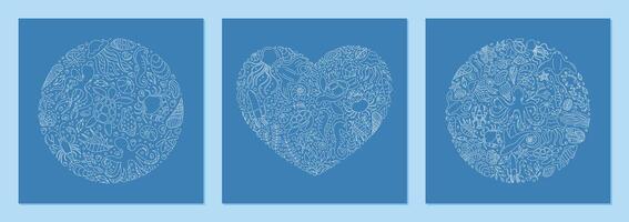 Underwater heart and circle outline design showing aquatic fish, coral, and marine world. Seamless doodle background with round abstract concept. Perfect for ocean themes creative usage. vector