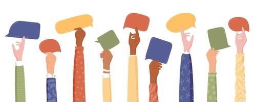 Flat image of volunteer hands holding colorful speech bubbles. Diverse and multicultural community displays solid support and human connection. Solidarity concept for charity aid projects. vector
