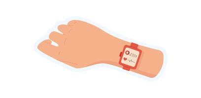 Sticker of hand holding watch. Mobile device displays app on screen. Technology concept, cartoon graphic style, suitable for media or digital communication purposes. vector