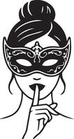 Silhouette of a woman wearing an ornate, eye-covering masquerade mask with intricate patterns vector