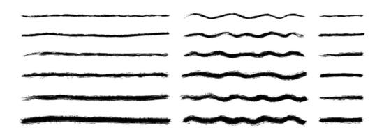 Straight and wave paint line set. Thin to thick sketch brush stroke collection. Rough charcoal curve stripes for highlight, underline, emphasis. Handdrawn long and short crayon chalk strips vector