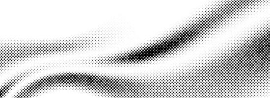 Black halftone wave pattern. Abstract grainy fluid texture. Dotted curved dot flow wallpaper. Gritty swoosh overlay element for poster, banner, brochure, flyer, leaflet, brochure. vector