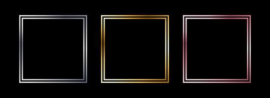 Golden and silver thin frame set. Shiny metal foil border collection. Gold glowing geometric boarder bundle in art deco style. Linear rectangular element pack for photo, cadre, card, emblem vector
