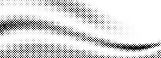 Black halftone wave background. Abstract grainy fluid texture. Dotted curved dot flow wallpaper. Gritty swoosh overlay element for poster, banner, brochure, flyer, leaflet, brochure. vector