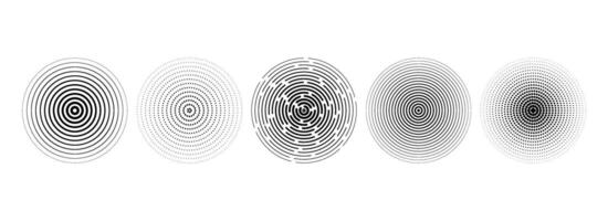 Black concentric circle set. Dotted and dashed round sound wave collection. Epicenter, target, radar, sonar icon concept. Radial radio signal or vibration element pack. Linear halftone symbols vector