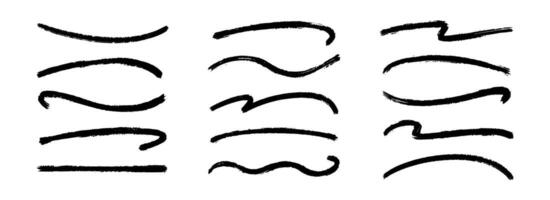 Wave paint line set. Squiggle sketch brush stroke collection. Rough charcoal curve flourish pack for highlight, underline, emphasis. Hand drawn crayon chalk strips. Black swoosh stripe bundle vector