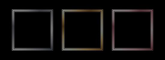 Metal thin square frame set. Shiny golden and silver foil border collection. Gold glowing geometric boarder bundle in art deco style. Rectangular element pack for photo, cadre, card, emblem vector