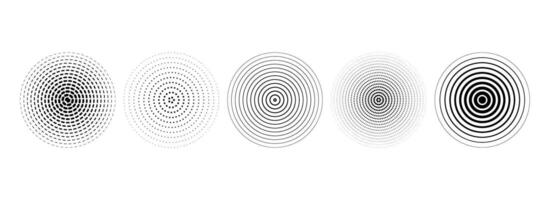 Black concentric circle collection. Dotted and dashed round sound wave set. Epicenter, target, radar, sonar icon concept. Radial radio signal or vibration elements. Linear halftone symbol pack vector