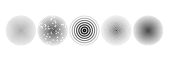 Black concentric circle collection. Dotted and dashed round sound wave set. Epicenter, target, radar, sonar icon concept. Radial radio signal or vibration elements. Linear halftone symbols vector
