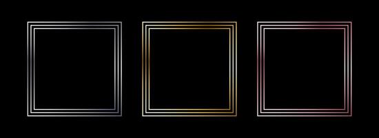 Metal thin frame set. Shiny golden and silver foil border collection. Gold glowing geometric boarder bundle in art deco style. Linear rectangular element pack for photo, cadre, card, emblem vector