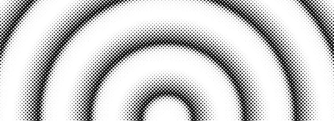 Halftone arch background. Radial comic semicircle wallpaper. Black and white dotted arc gradient. Fading rough dot hemisphere concept. Grungy pop art gradation