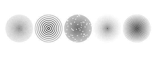 Black concentric circle set. Dotted and dashed round sound wave collection. Epicenter, target, radar, sonar icon concept. Radial radio signal or vibration elements. Linear halftone symbols vector