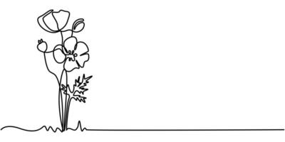 Poppy flowers in continuous one line art drawing style, Doodle floral border linear design isolated on white background. vector