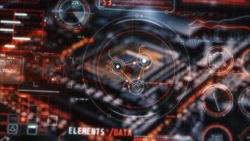 Futuristic interface displaying information processing based on satellite data video