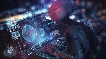 Robot using laptop with futuristic user interface and data analysis features video
