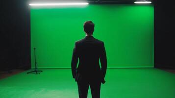 A Man in a Suit Standing Before a Green Screen in a Studio photo