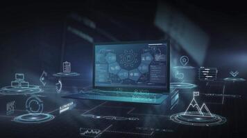 Laptop showing interface with business and finance data analysis charts video