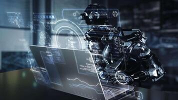 Robot interacting with laptop displaying futuristic data and holograms video