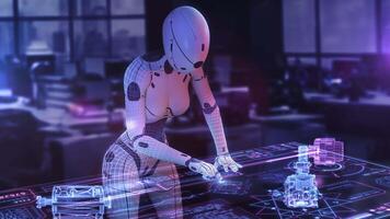 AI working with futuristic 3D holographic projections in a modern office video