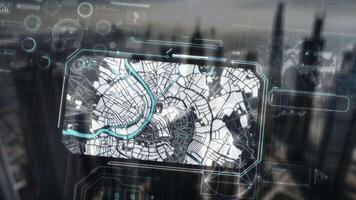 Futuristic head-up display showing city map with navigation and data elements video
