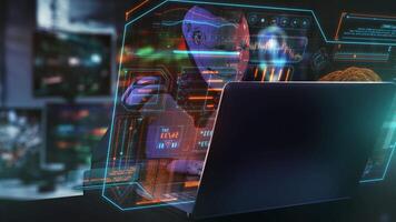 Programmer working with futuristic interface and digital data analyzing software video