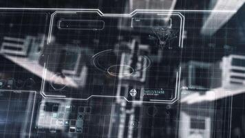 futurista frente en alto monitor demostración datos análisis con vista a ciudad edificios video