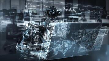 Robot using laptop with futuristic holographic interface showing maps and data video