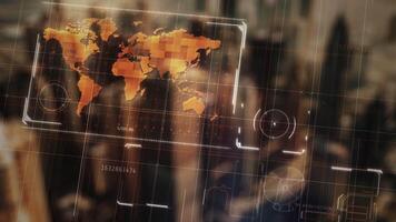 Global surveillance system monitoring world map with futuristic HUD interface video