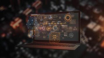 Futuristic laptop showing interactive hologram data analysis interface video