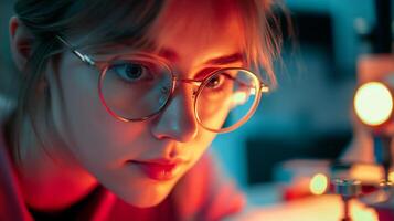 Close-up Portrait of a Young Woman with Glasses in Red and Blue Light photo