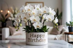Exquisite phalaenopsis orchids with a birthday greeting, creating joy and warmth photo