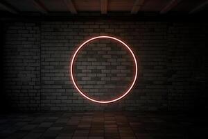 Minimalist illuminated circle on brick wall, creating a modern ambiance photo