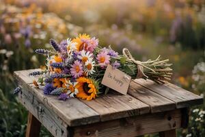 Rustic wildflower bouquet with cheerful message on a sunlit wooden table photo