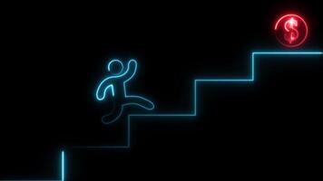 Man and stairs neon line icon animation Isolated on black background video