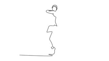 Animated self drawing continuous line draw professional woman tennis player hitting the ball with precision and power. She practicing her skills and techniques on court. Full length one line animation video