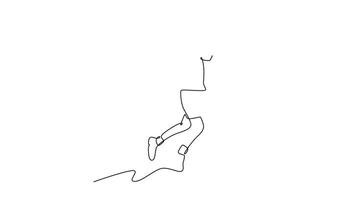 Animated self drawing of continuous line tennis player jump and smash the ball with power. Motivation and competition with athlete training for game on outdoor court. Full length single line animation video
