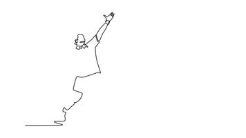 Animated self drawing of continuous line draw professional tennis player serves tennis ball with precision and power. Sportsman practicing his skills and technique. Full length single line animation video