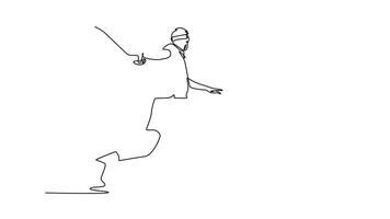 Animated self drawing of continuous line draw back view male tennis player get ready to receive the ball from opponent. Sportsman playing defense with backhand concept. Full length one line animation video
